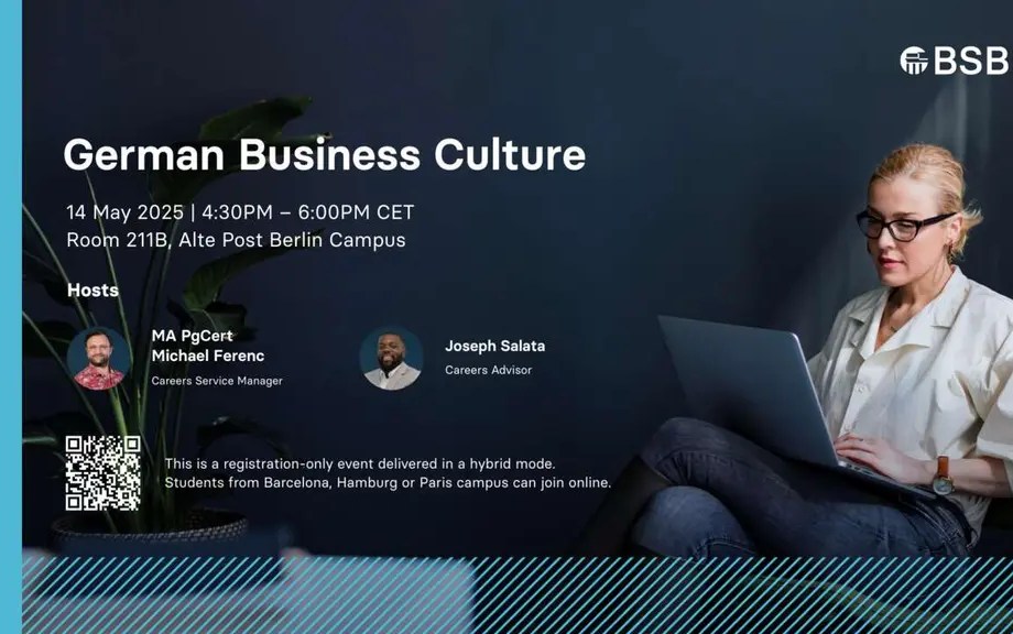 Promotional banner for German Business Culture event at BSBI, showing a woman working on a laptop, event details, and portraits of the hosts Michael Ferenc and Joseph Salata